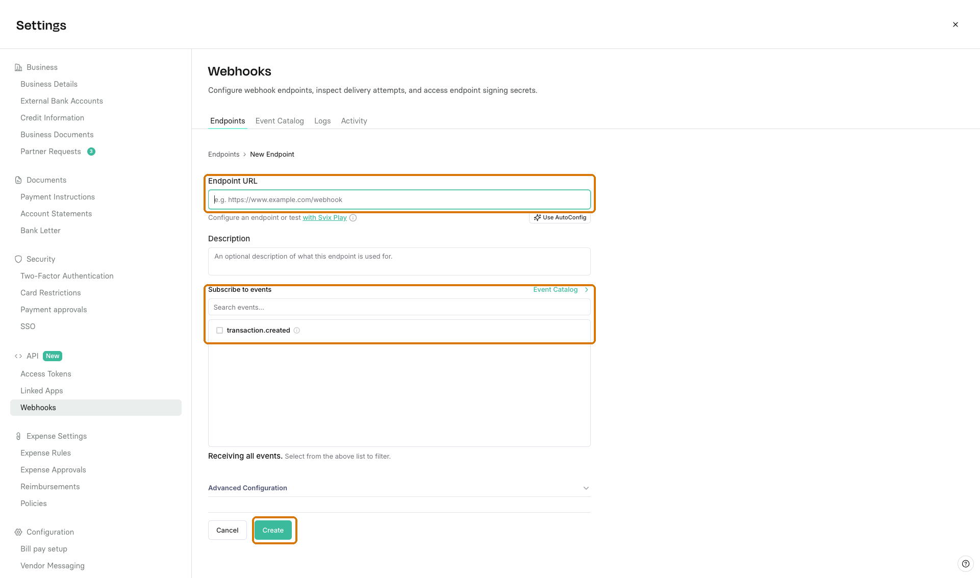Webhooks settings with the New Endpoint form, Endpoint URL, event subscriptions, and Create button.