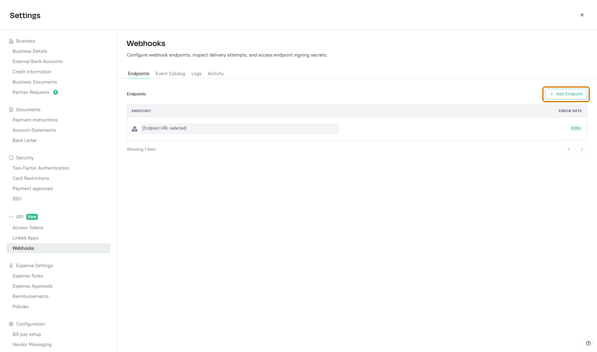 Webhooks settings with the endpoint list and Add Endpoint button. The existing endpoint URL is redacted.