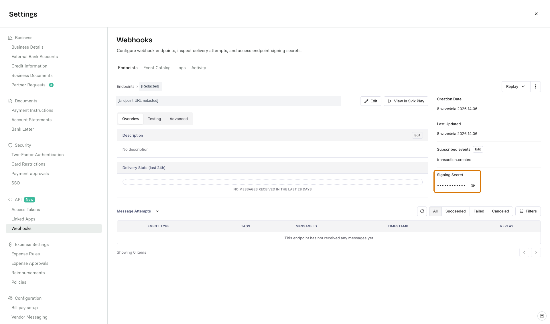 Webhooks settings with endpoint details, subscribed events, and the masked Signing Secret.